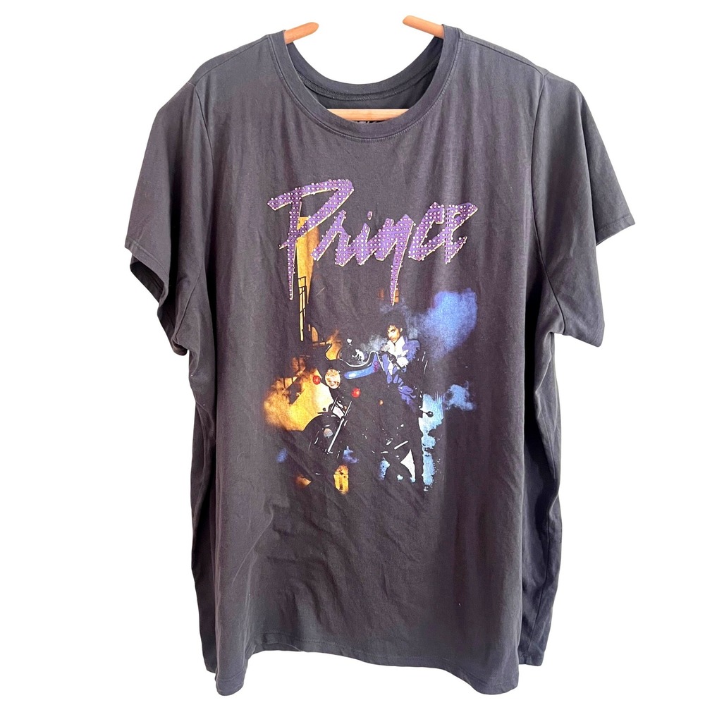 Prince Purple Rain Graphic T-Shirt Women Large Rhinestone Logo Gray Band Tee